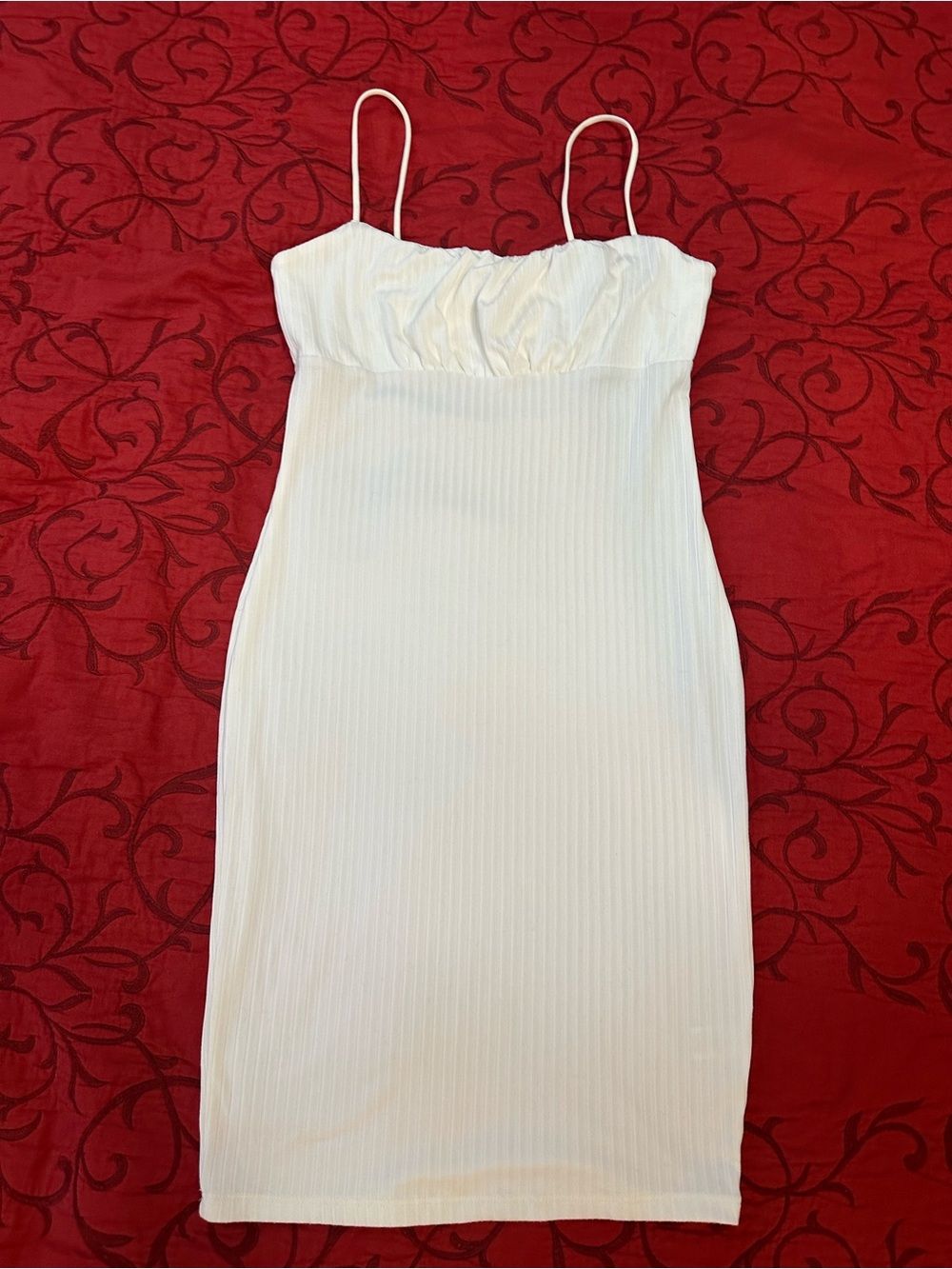 Heart Hips White Ribbed Spaghetti-Strap Midi Dress